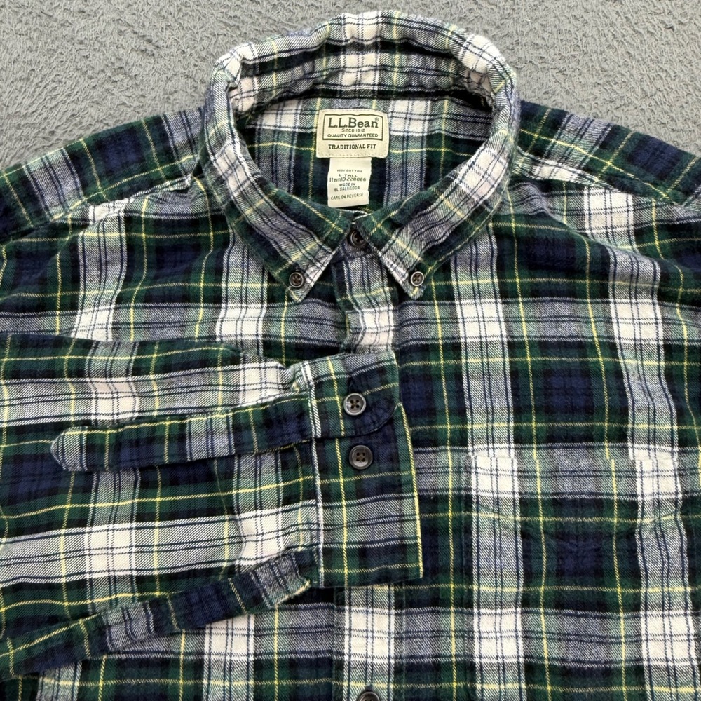 LL‎ Bean Mens Large Tall Flannel Shirt Green Navy Plaid Button Down 228066